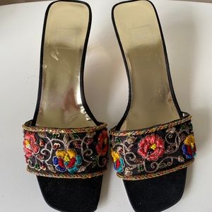 Reed Evins Sandal Slide Mule Size 6.5 Italy Beaded Embellished Gold Heels